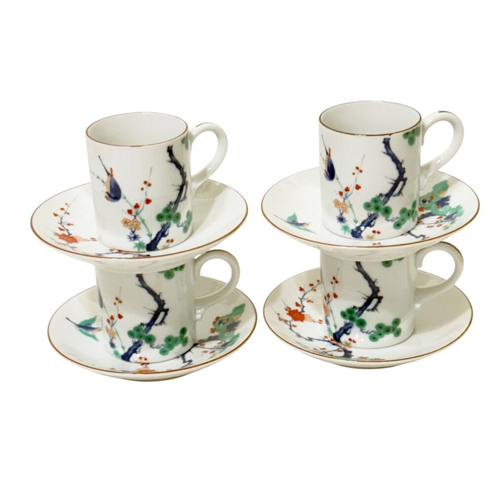 4 Vtg Neiman Marcus Demitasse Espresso Cups & Saucers Bird Cherry Blossom Japan